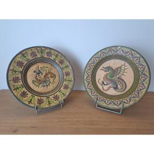 Montopoli, Two Wall Dishes, Dragons, Ceramic, 20th Century. 