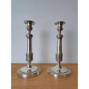 Pair Of Candlesticks, Silver Bronze, Empire Style, 19th Century.