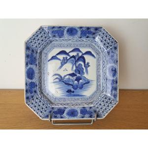 Japan, Octagonal Dish, Porcelain, White Blue, 19th Century. 