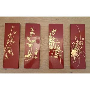 Thanh Lap, 4 Panels, Red And Gold Lacquer, Plants, 20th Century. 