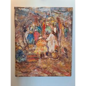 Rachid Beniounes, Market Scene In Morocco. Oil On Canvas, 20th Century. 