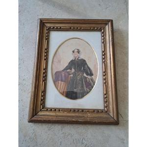 Lady Of Quality, Large Miniature, Watercolor, Mid-19th Century. 