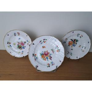Meissen, 3 Soup Plates, Painted Porcelain, 19th Century. 
