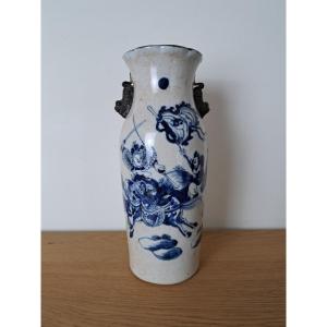 Asia, White Blue Vase, Porcelain, Signed, 20th Century. 