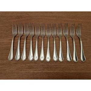 Christofle, Spatours, 12 Dessert Forks, Silver-plated Metal, 20th Century. 