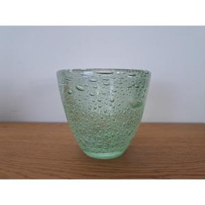 Daum , Nancy , Vase , Cristal Vert Bullé , Vers 1950 . 