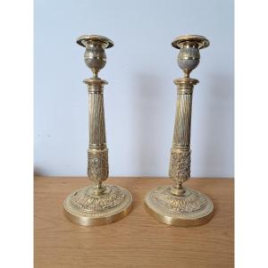 Pair Of Candlesticks, Gilt Bronze, Restoration Period, Early 19th Century. 