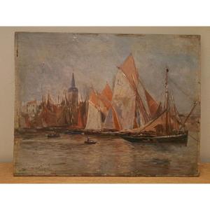 Maurice Courant, Sailboats In A Breton Port, Oil On Panel, Early 20th Century. 