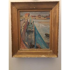 Roland Caplain, Honfleur, Oil On Cardboard, 20th Century. 