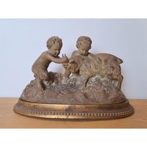 Joseph d'Asté, Group Of Children And Faun Playing With A Goat, Terracotta, Signed, 19th Century. 