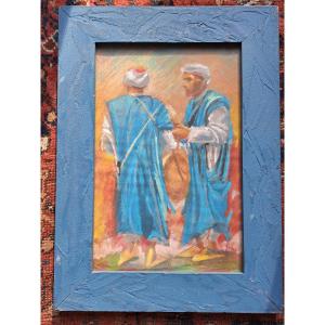 Mustapha Bakhchi, Portrait Of Two Moroccans, Mixed Media, 20th Century. 