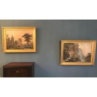 Pair Of Engravings, Landscapes, Wood Frame And Stucco Gilded, Empire.