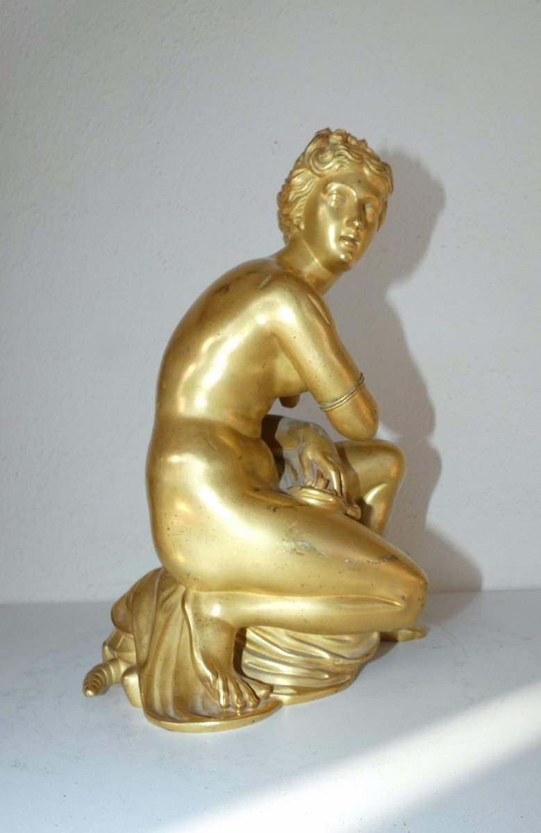 Sculpture En Bronze Dore Representant Une Femme Assise Sur Une Tortue - mythologique-photo-3