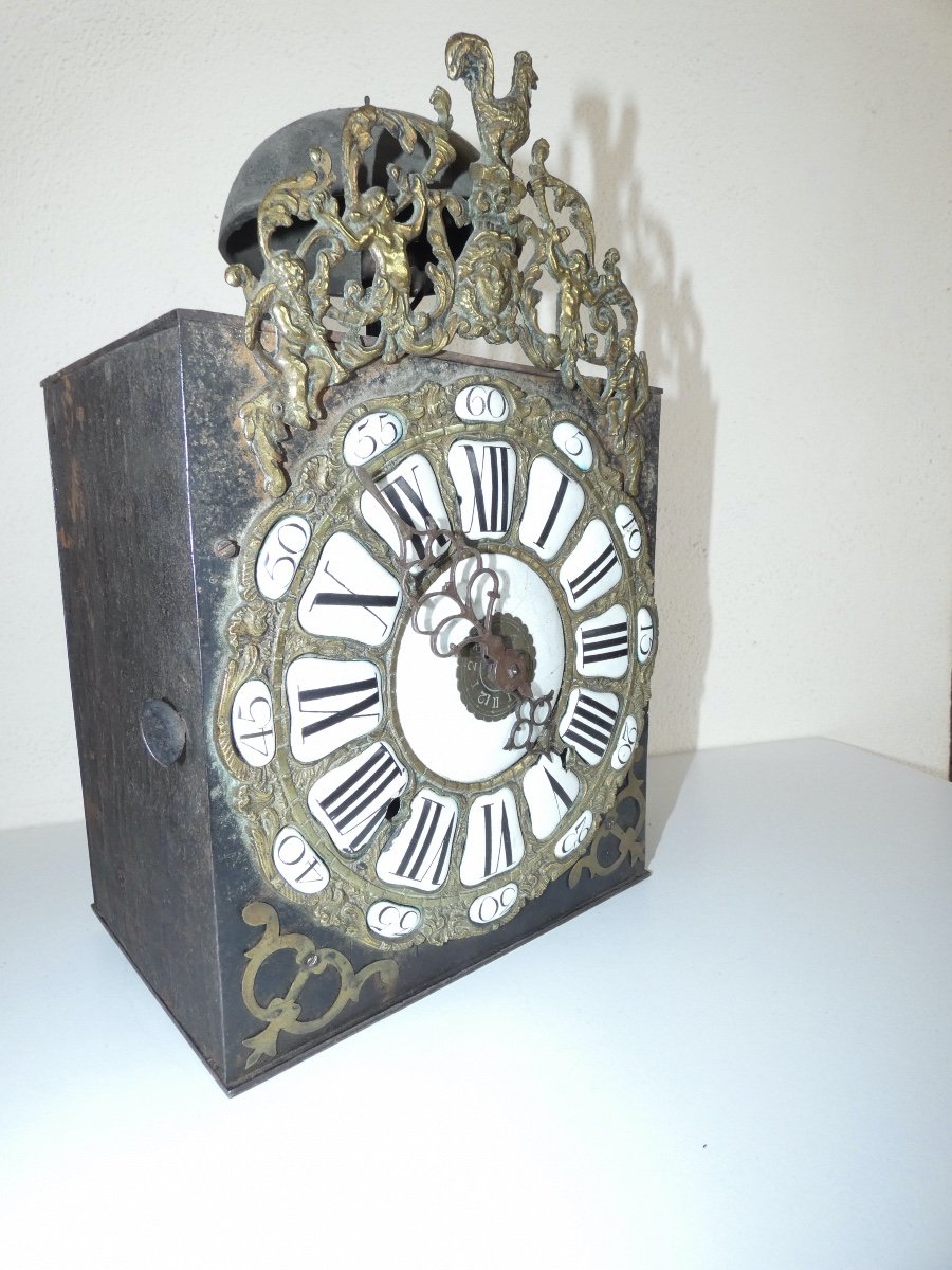 Pendule Horloge Comtoise A Doubles Cartouches Avec Fronton Tres Rare-photo-5