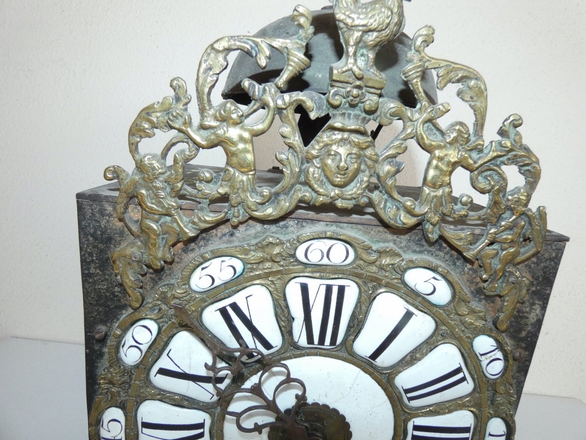 Pendule Horloge Comtoise A Doubles Cartouches Avec Fronton Tres Rare-photo-6