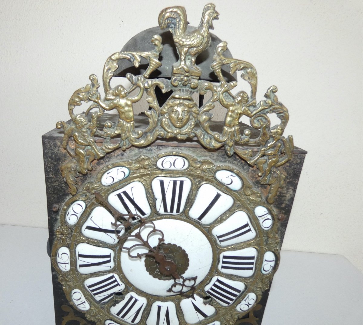 Pendule Horloge Comtoise A Doubles Cartouches Avec Fronton Tres Rare-photo-7