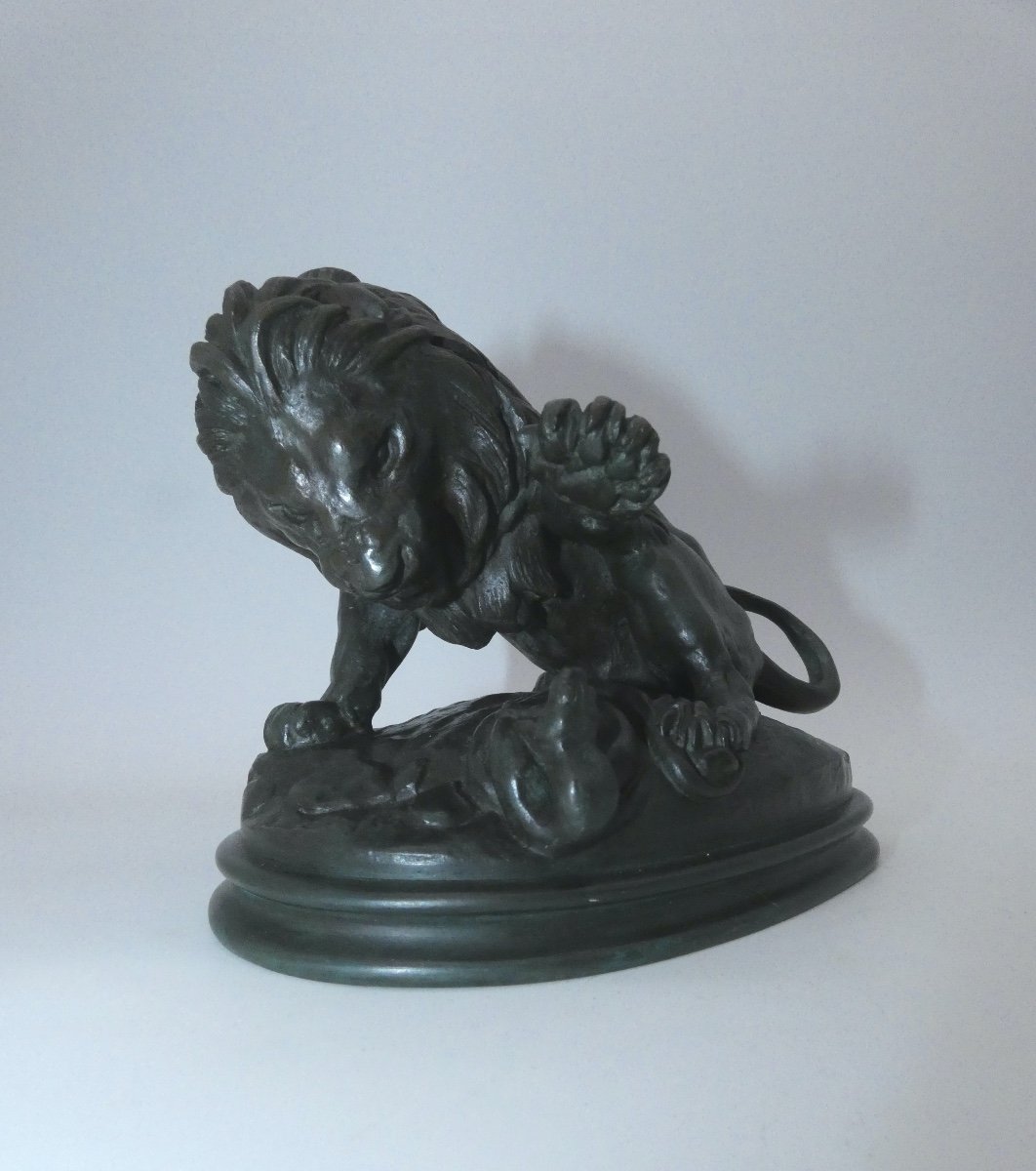 Bronze Sculpture Signed Barye The Lion With The Serpent