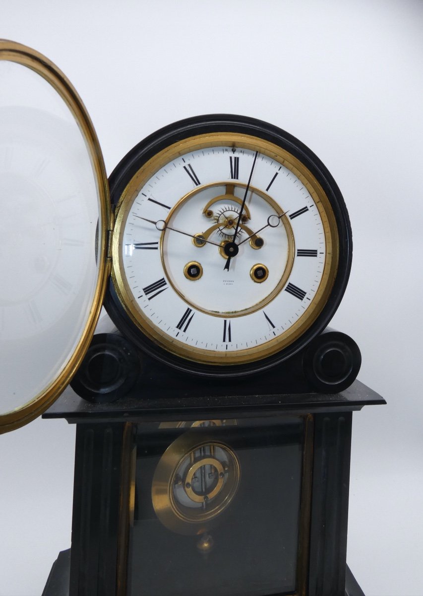 Napoleon III Black Marble Notary Clock With Central Second Hand Brocot Escapement-photo-3