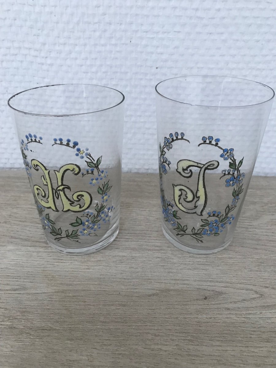 Très Jolie Paire De Verres Monogramme J Et H