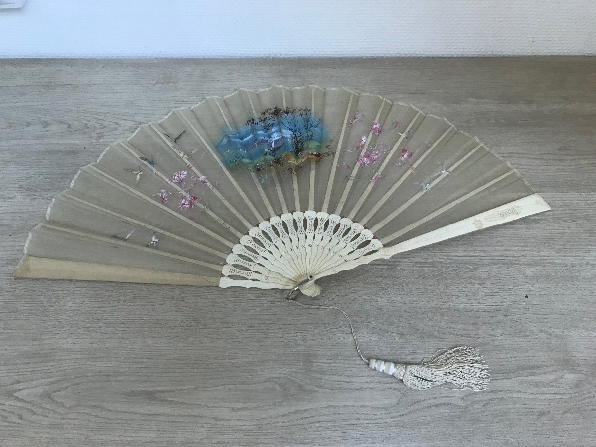 Very Pretty And Large Fan Painted On Tulle 