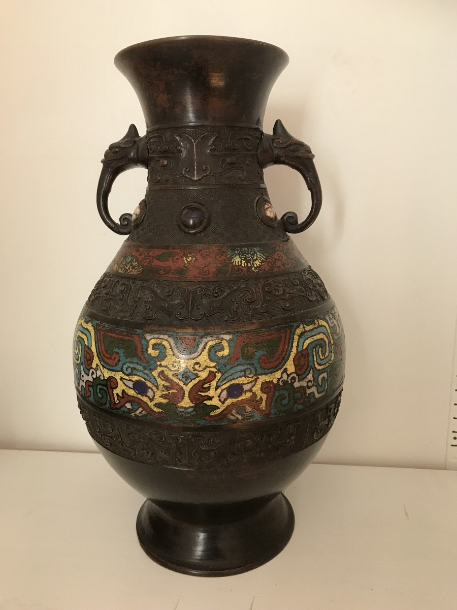 Ancien Vase Bronze Asie émaux Cloisonnés -photo-2