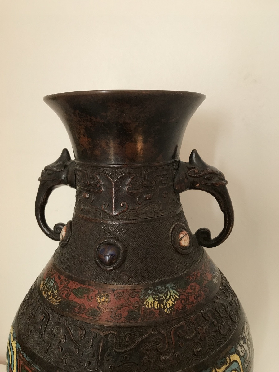 Ancien Vase Bronze Asie émaux Cloisonnés -photo-3