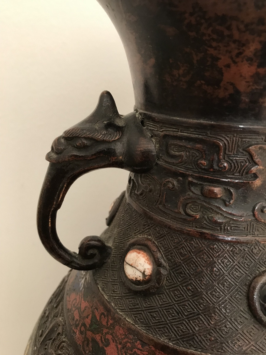 Antique Asian Bronze Vase With Cloisonné Enamels -photo-4