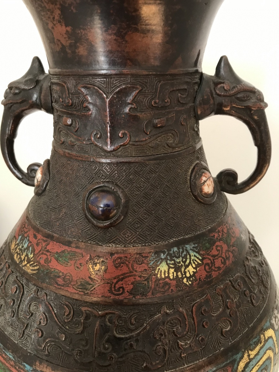 Ancien Vase Bronze Asie émaux Cloisonnés -photo-1