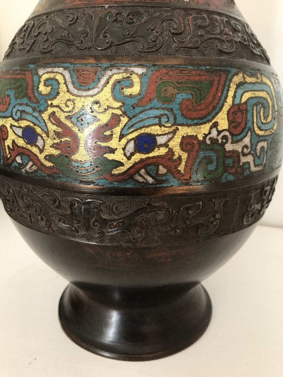 Ancien Vase Bronze Asie émaux Cloisonnés -photo-2