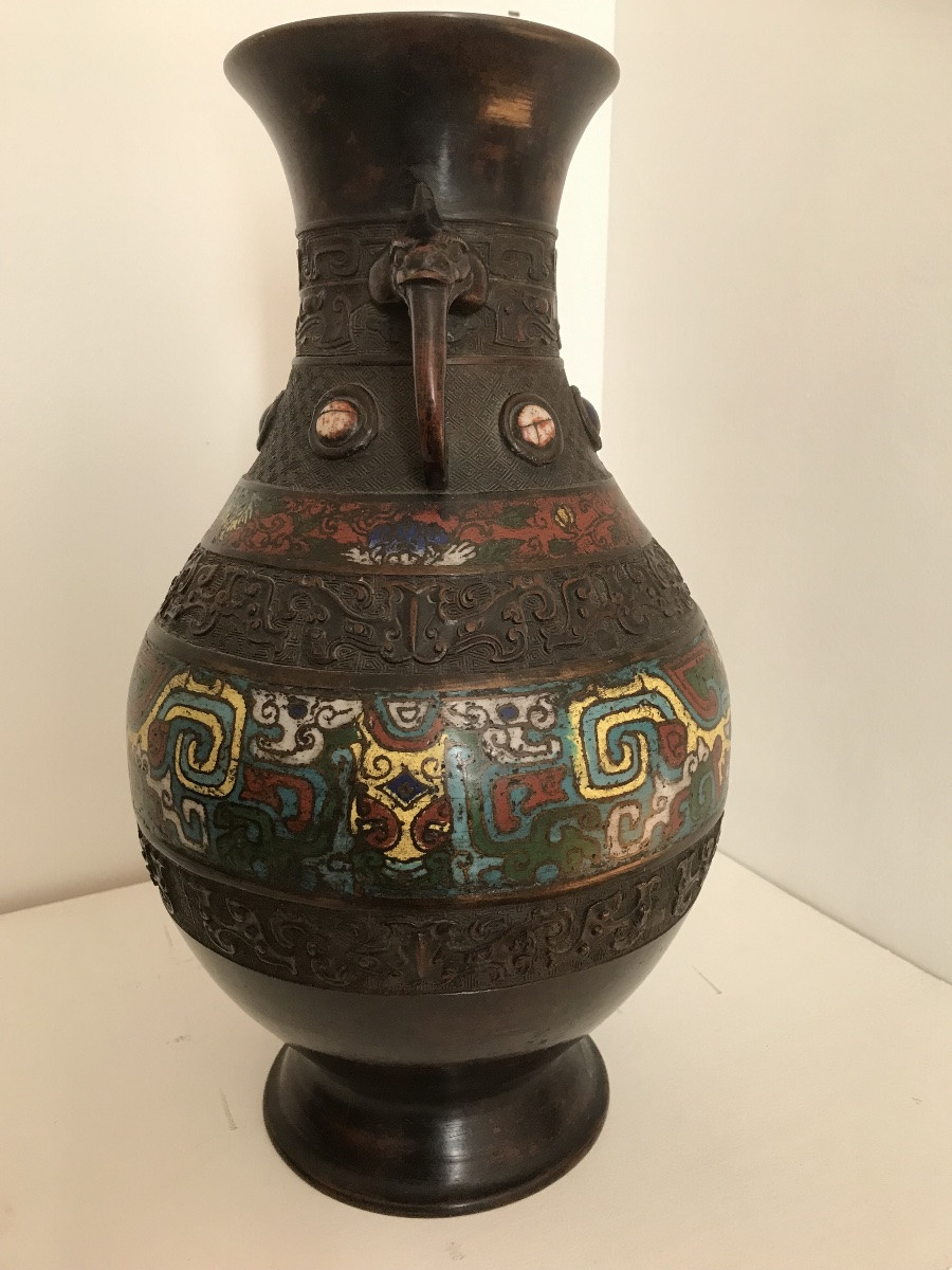 Ancien Vase Bronze Asie émaux Cloisonnés -photo-4