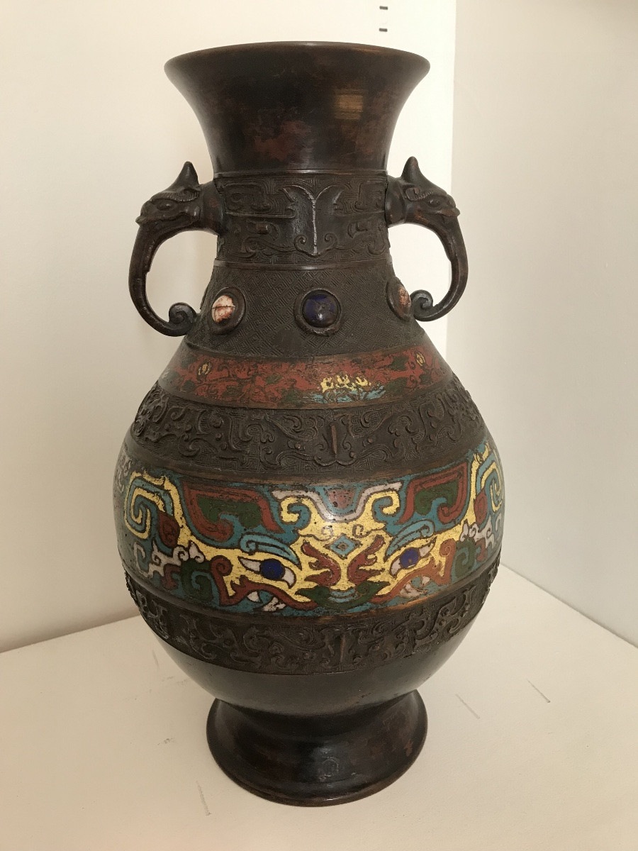 Ancien Vase Bronze Asie émaux Cloisonnés -photo-5