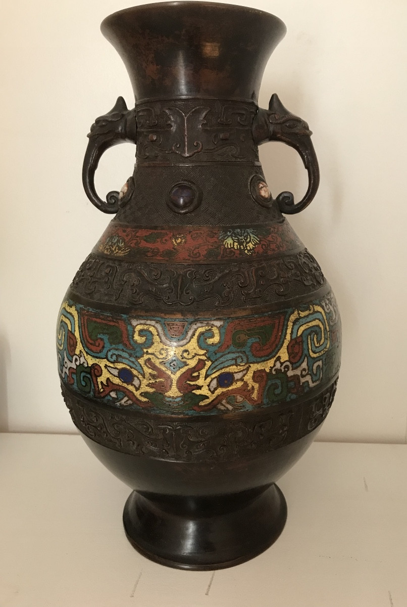 Ancien Vase Bronze Asie émaux Cloisonnés 