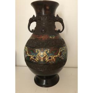 Ancien Vase Bronze Asie émaux Cloisonnés 