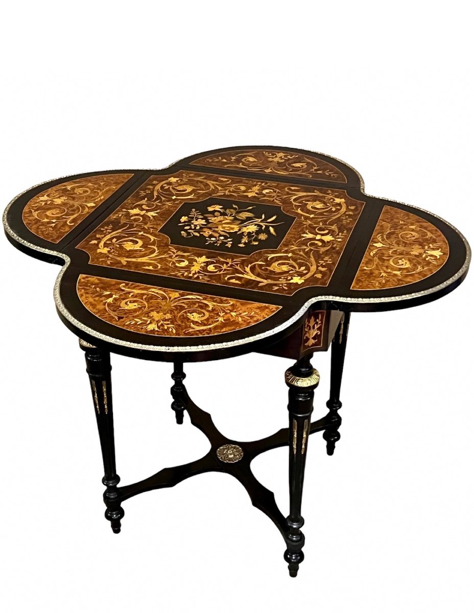 Small Salon Table Napoleon III In Marquetry With Flaps-photo-2