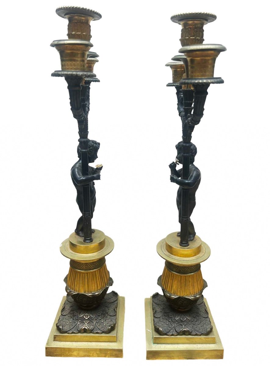 Pairs Of Bronze Candlesticks - Empire Period -photo-3
