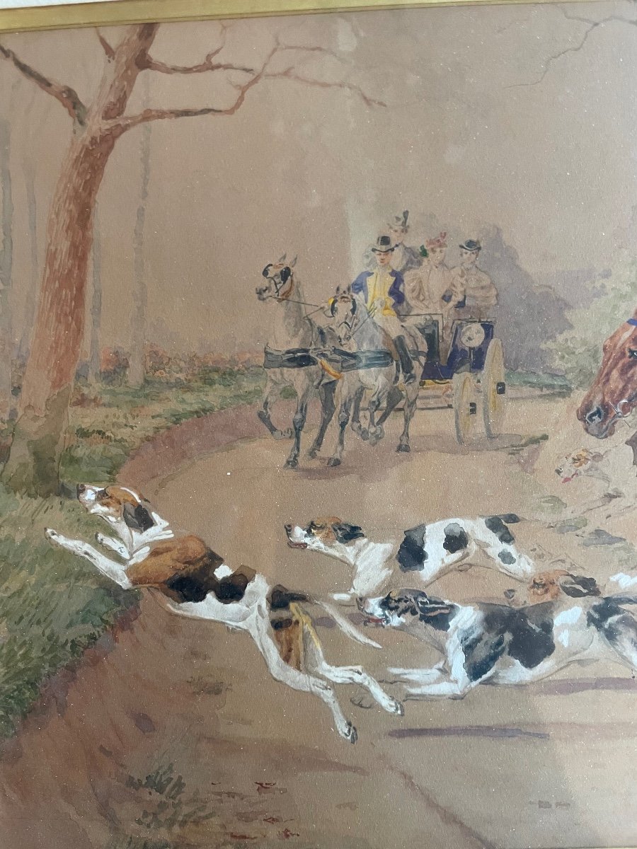 Grande Aquarelle De Georges La Roque Chasse à  Courre-photo-2