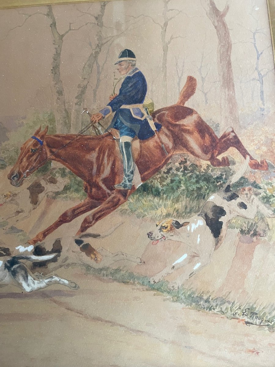 Grande Aquarelle De Georges La Roque Chasse à  Courre-photo-4