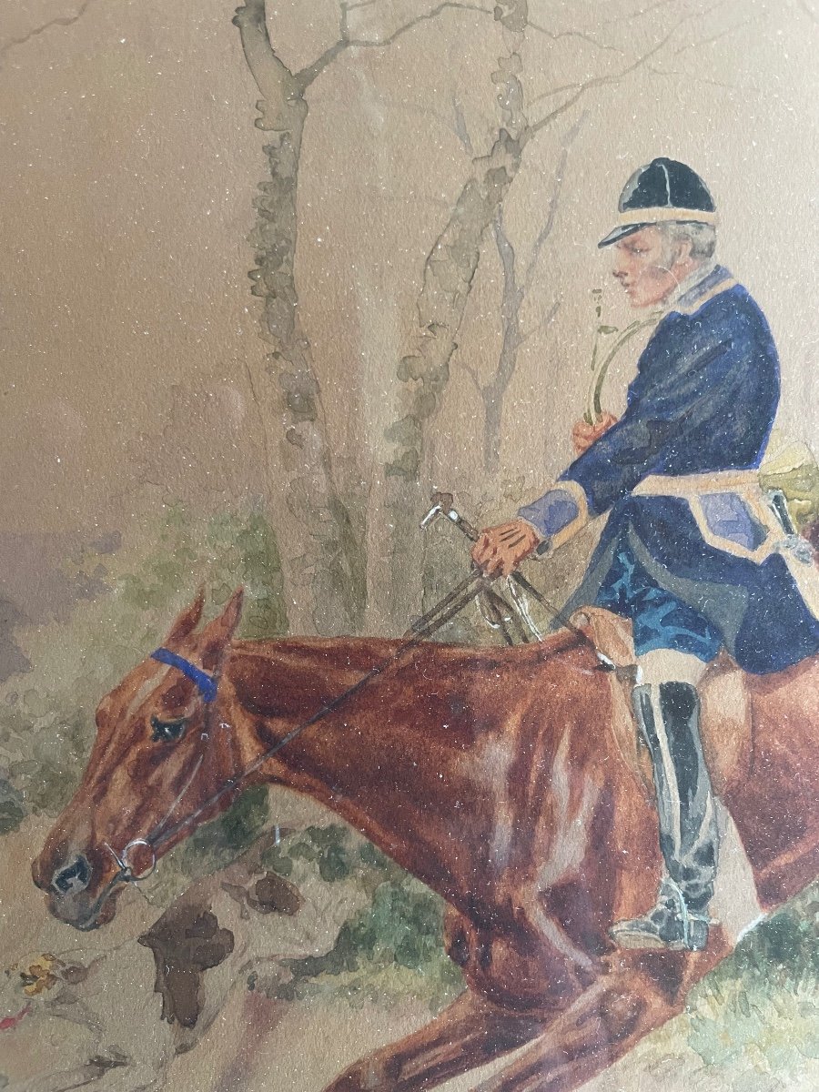 Grande Aquarelle De Georges La Roque Chasse à  Courre-photo-2