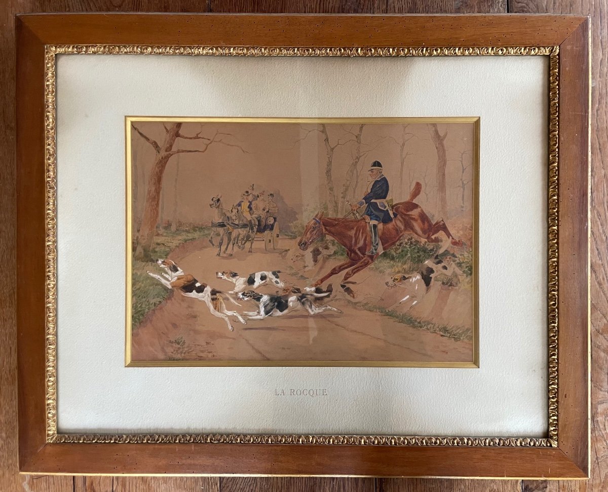 Grande Aquarelle De Georges La Roque Chasse à  Courre