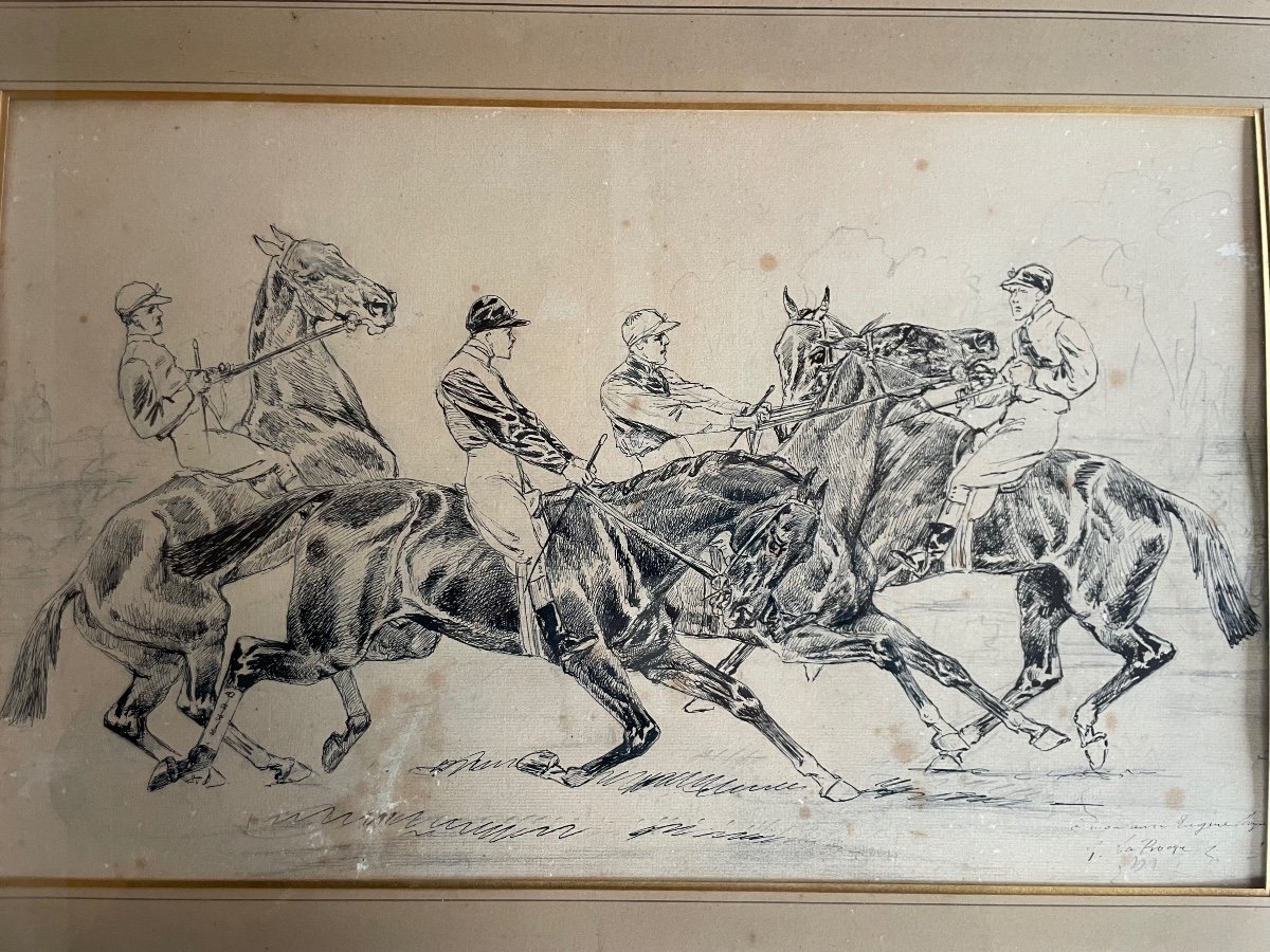 Georges La Roque Grand Dessin Chevaux Et Jockeys -photo-4