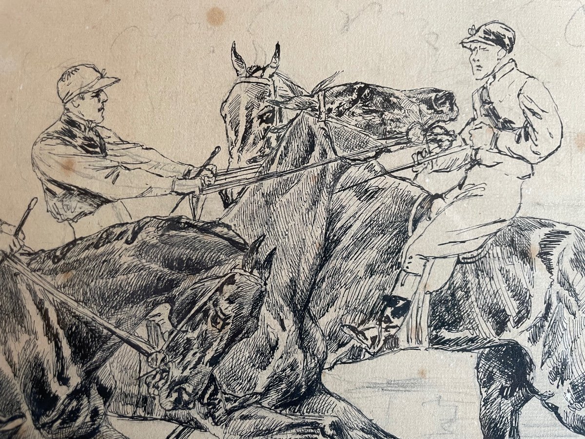 Georges La Roque Grand Dessin Chevaux Et Jockeys -photo-2