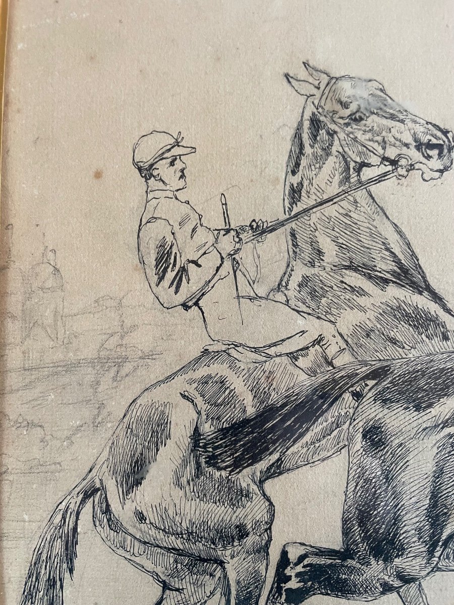 Georges La Roque Grand Dessin Chevaux Et Jockeys -photo-3