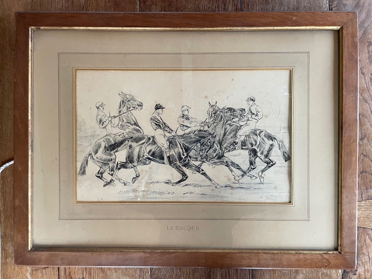 Georges La Roque Grand Dessin Chevaux Et Jockeys 