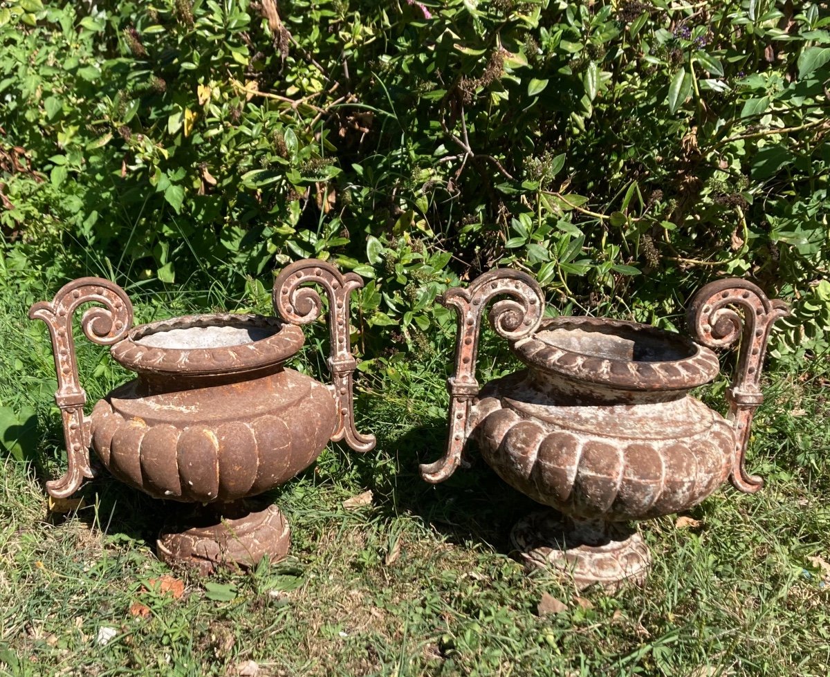 Pair Of Old Cast Iron Vases With Handles