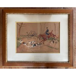 Large Watercolor By Georges La Roque Hunting With Foxes