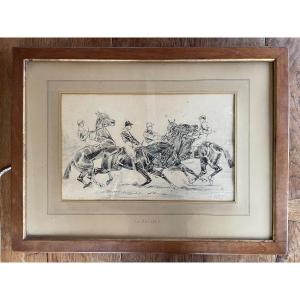 Georges La Roque Grand Dessin Chevaux Et Jockeys 