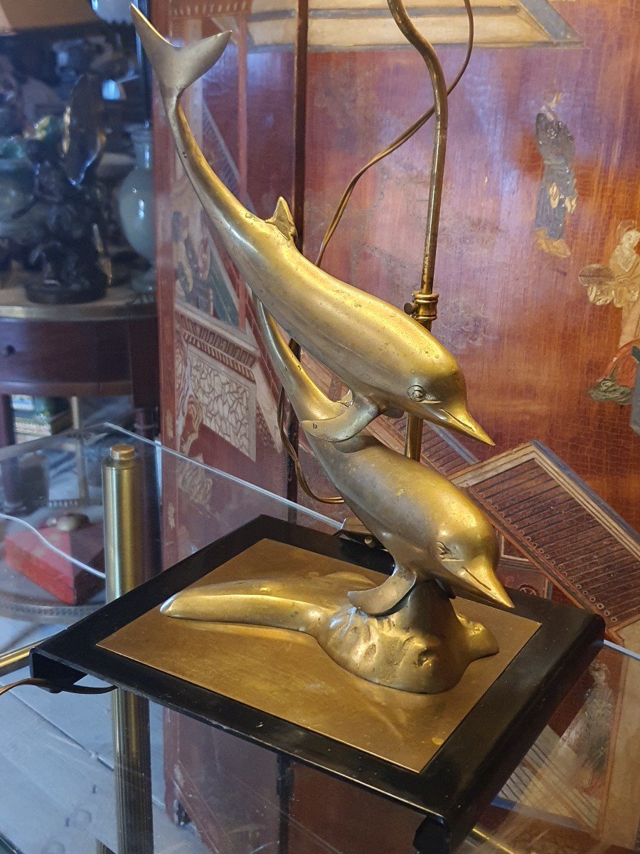 Lampe Bronze Dauphins Hollywood Regency ,style Jansen.-photo-4