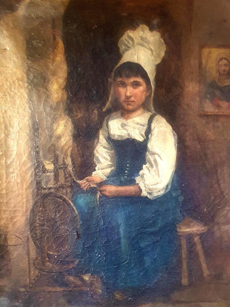 Painting Young Breton Girl XIX Century.-photo-2