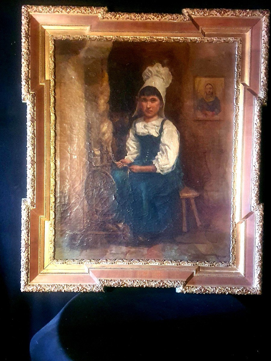 Painting Young Breton Girl XIX Century.-photo-3