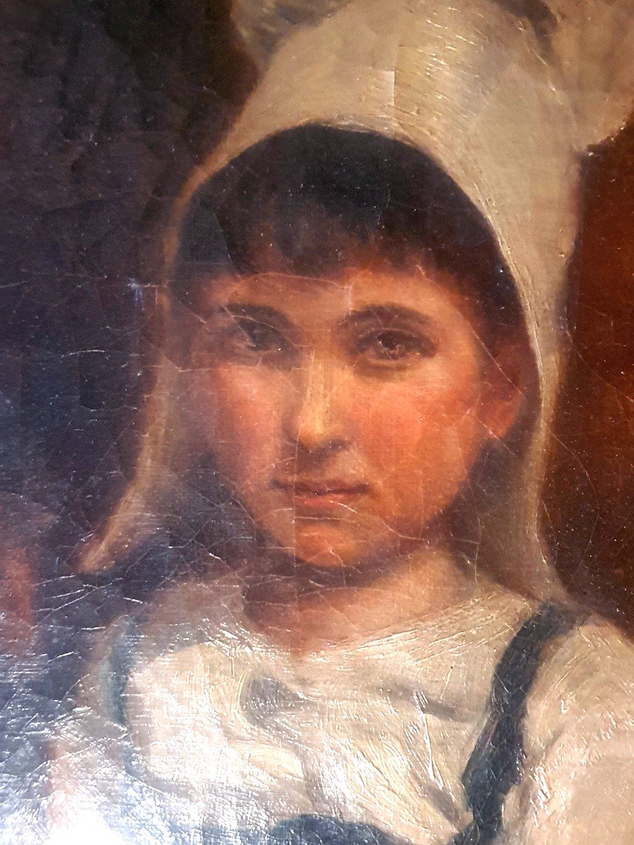 Painting Young Breton Girl XIX Century.-photo-2